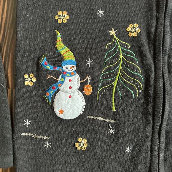 Vtg ML Design Sweater Size L Black Christmas Cardigan Winter Snowman Zip - Picture 3 of 7